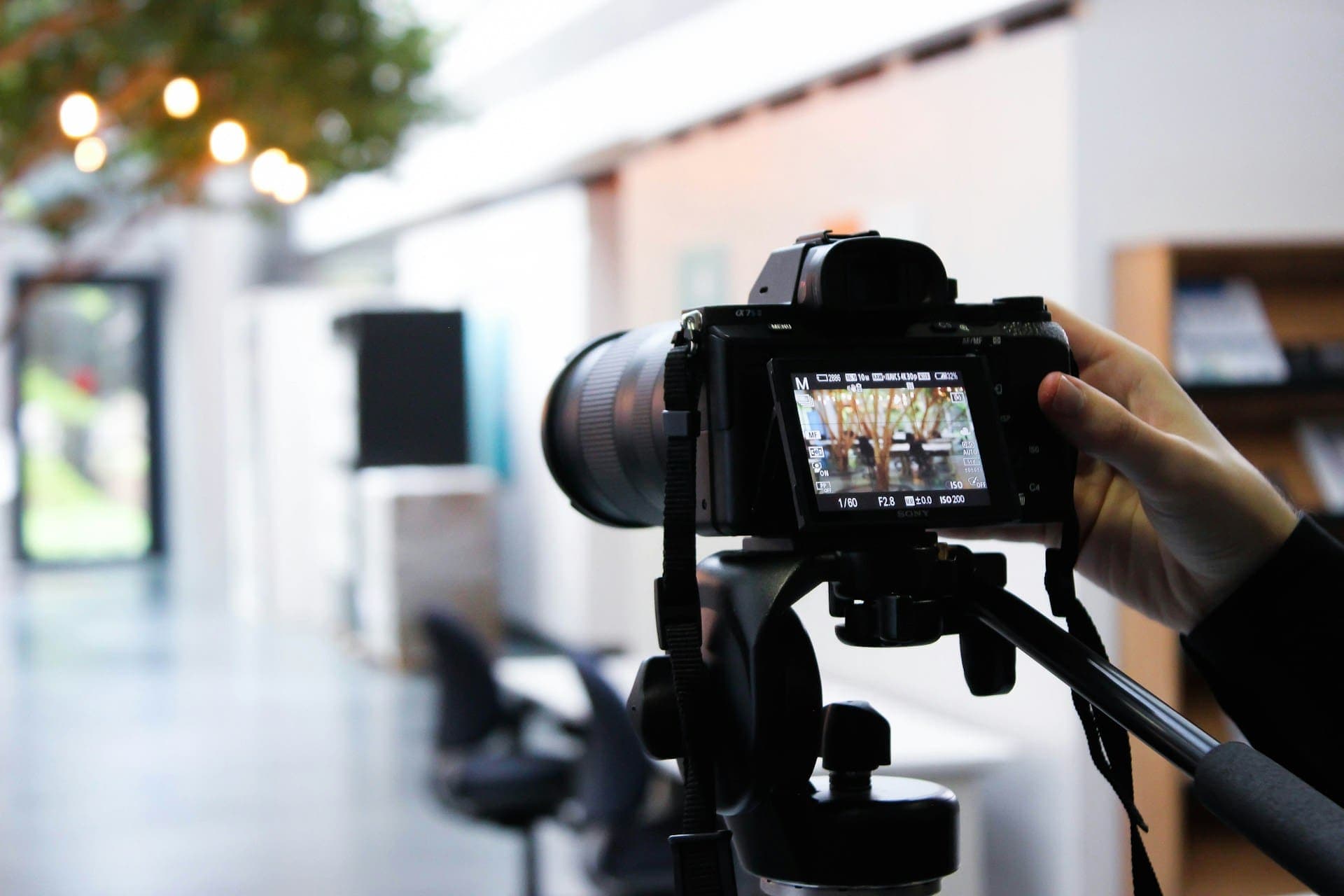 Videographer framing a shot using a mirrorless camera's flip screen
